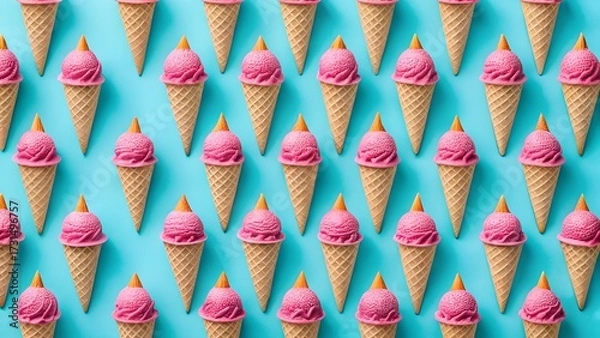 Fototapeta A vibrant pattern of pink ice cream cones arranged in neat rows against a bright turquoise blue background, creating a cheerful and summery visual
