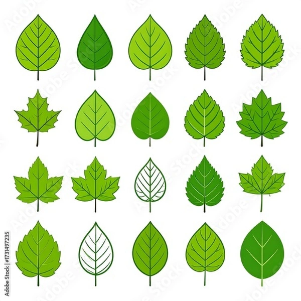 Fototapeta Collection of twenty simple green leaf illustrations, various shapes and sizes, white background