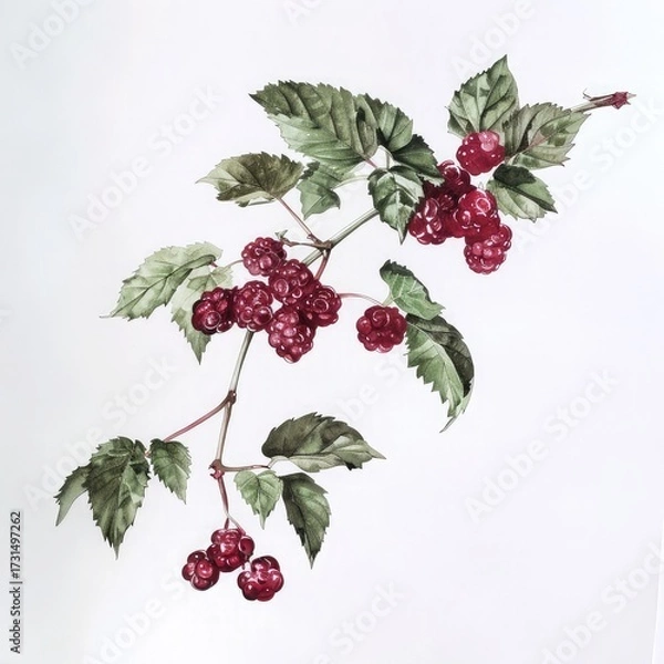Fototapeta A watercolor painting of a branch with red berries and green leaves on a white background art drawing plant