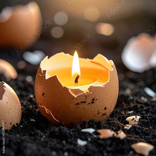 Fototapeta Eggshell candle glows on dark soil, scattered shells