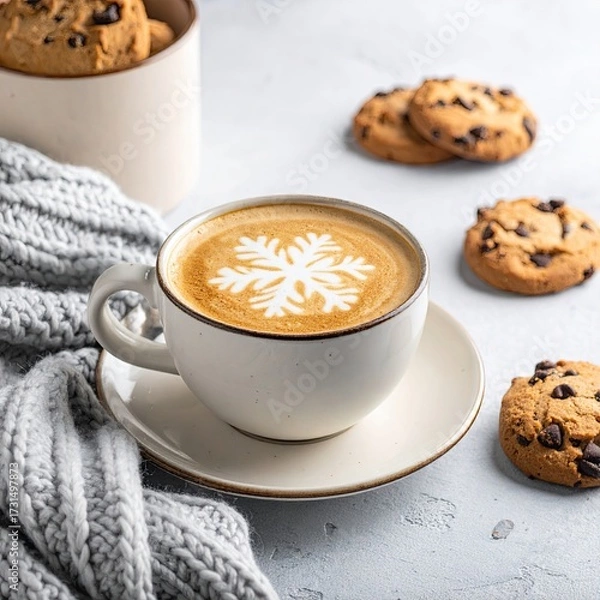 Fototapeta Latte art snowflake with cookies and cozy blanket