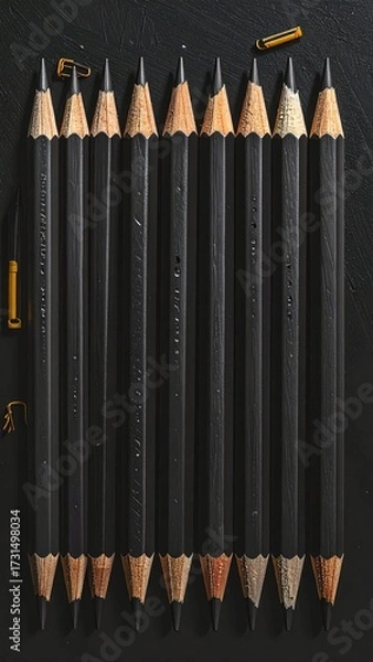 Fototapeta Array of black pencils and sharpeners on dark surface