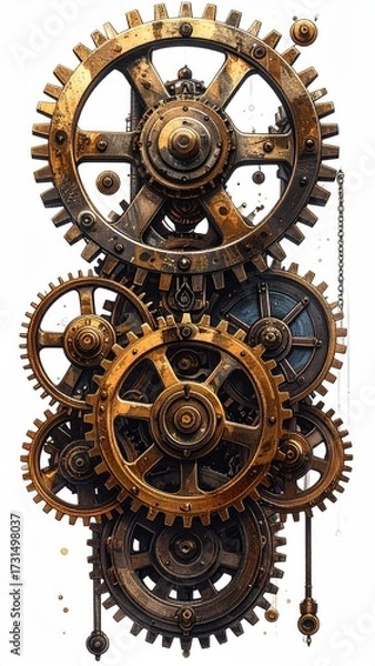Fototapeta Complex assembly of aged gears, cogs, and chain