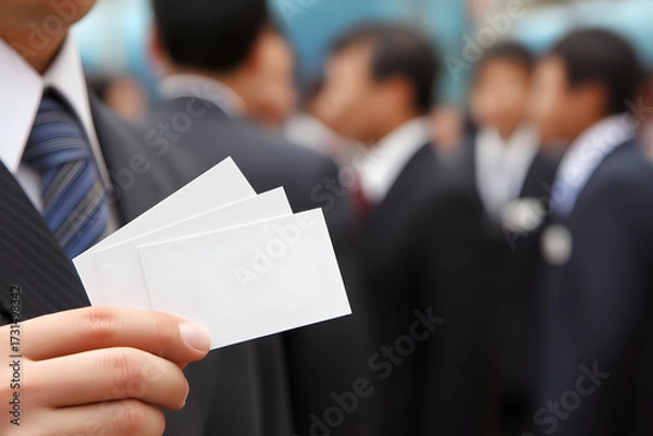 Fototapeta Professional Man Holding Blank Business Cards in Group Meeting, motion blur Business concept, motion bokeh background