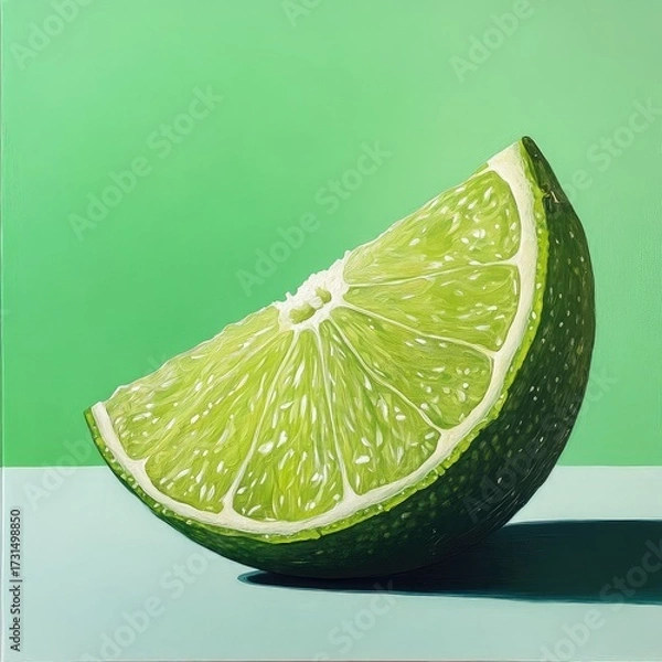 Fototapeta Close up view of a lime wedge with green background and blue surface in a painting style image