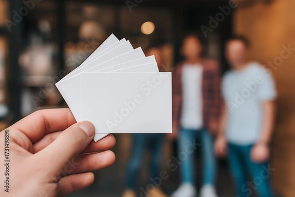 Fototapeta Hand Holding White Business Cards with Blurred Men Background, motion blur Business concept, motion bokeh background