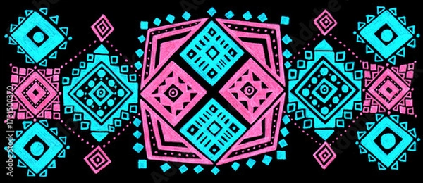 Fototapeta The background is filled with geometric ornaments. Pink and blue colors on black. Rhombuses of different sizes, triangles, circles, dots. Texture of pen strokes in ornament. Ethnicity ornament.