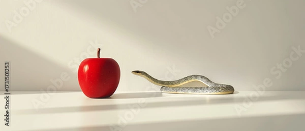 Fototapeta Minimalist panorama concept, symbolic still life with red apple and snake on a clean surface. Modern representation of temptation and original sin, blending simplicity with powerful biblical metaphor.