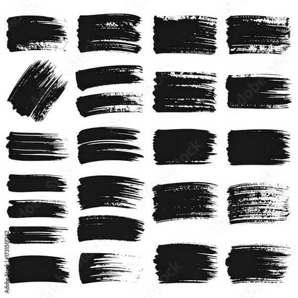 Fototapeta Collection of twenty-four black paintbrush strokes on white background; varied shapes and textures