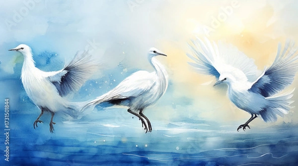 Fototapeta Concept of Day 5 Birds and Fish, watercolor illustration of golden birds flying in the sky above the sea. Symbolic biblical artwork of creation, spirituality, divine nature, genesis story and hope.