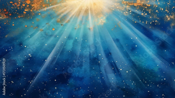 Fototapeta Concept of creation, Day 1 Let There Be Light, cosmic watercolor-style illustration of radiant light breaking through darkness. Symbolic biblical artwork of genesis, spirituality, hope, divine power.