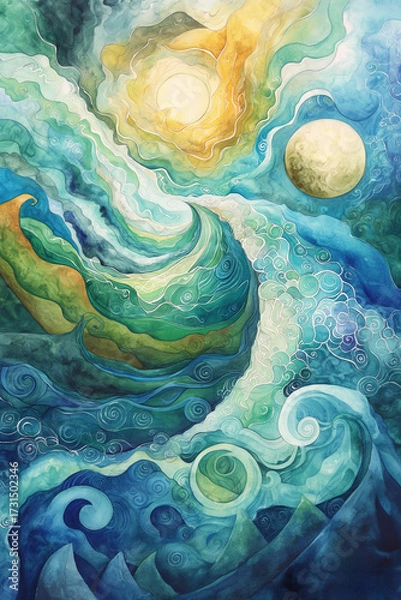 Fototapeta Watercolor abstract illustration of moon above ocean waves, symbolic concept of celestial creation, spirituality, cosmic energy. Artistic painting for inspiration, meditation and divine biblical art.