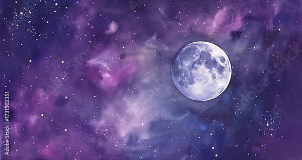 Fototapeta Concept of Day 4 Sun, Moon, and Stars, watercolor illustration of night sky with glowing moon and countless stars. Symbolic biblical artwork of creation, spirituality, divine cosmos and genesis story.