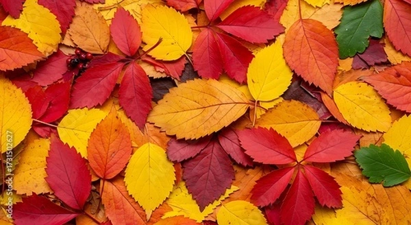 Fototapeta Flat lay texture of colorful fall foliage creating a high-density, warm, seasonal background
