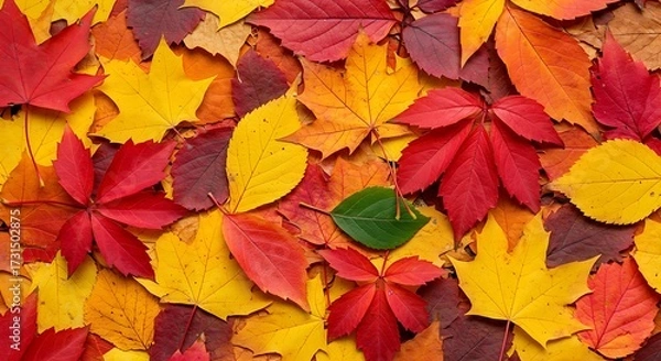 Fototapeta Flat lay texture of colorful fall foliage creating a high-density, warm, seasonal background