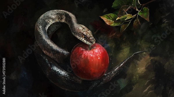 Fototapeta Concept of forbidden fruit and temptation, watercolor illustration of serpent coiled around red apple with green leaves, symbolic biblical artwork of Eden, spirituality, sin, mythology, divine story.