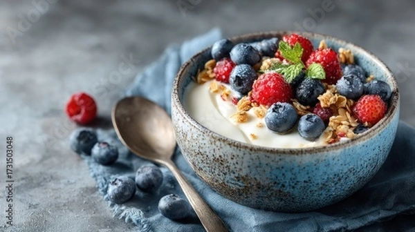 Fototapeta Close-up of a delicious nutritious yogurt bowl topped with fresh vibrant mixed berries granola and honey in a rustic ceramic bowl on a textured gray background