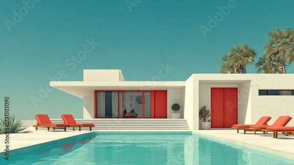 Fototapeta Modern minimalist luxury villa with rectangular shape flat roof large bright interior open outdoor swimming pool sun loungers palm trees clear sky