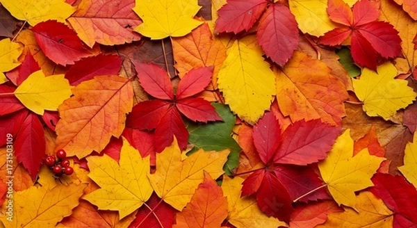 Fototapeta Flat lay texture of colorful fall foliage creating a high-density, warm, seasonal background