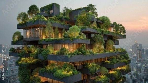 Fototapeta Modern architectural eco-friendly skyscraper with lush greenery and multiple terraces integrated into urban skyline at dusk featu innovative sustainable design