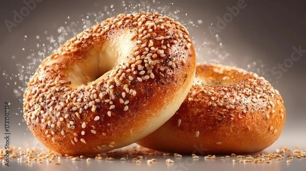 Fototapeta Close-up of two golden brown bagels covered with sesame and poppy seeds, resting on a reflective surface with scattered seeds around, bright and warm lighting