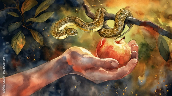 Fototapeta Concept of forbidden fruit and temptation, watercolor illustration of serpent with apple and human hand. Symbolic biblical artwork of Eden, sin, spirituality, mythology and divine story of desire.