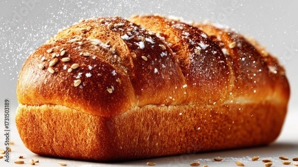 Fototapeta Freshly baked golden brown bread roll with a soft texture and sprinkled with sugar crystals and oats, ideal for breakfast or snack, close-up detailed shot