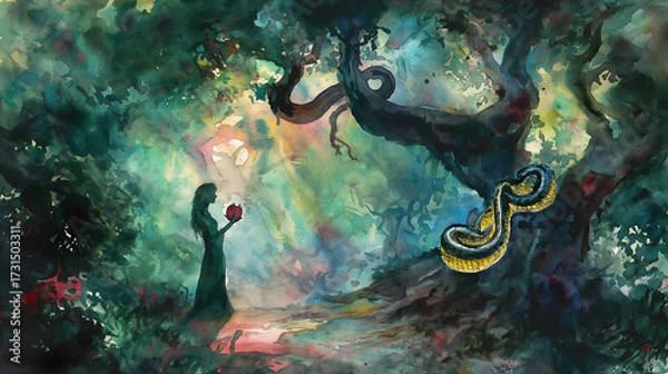 Fototapeta Concept of temptation and forbidden fruit, watercolor illustration of woman holding red apple with serpent coiled around tree. Symbolic biblical artwork of Eden, sin, spirituality and divine story.