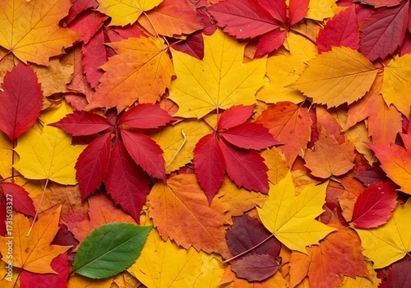 Fototapeta Flat lay texture of colorful fall foliage creating a high-density, warm, seasonal background