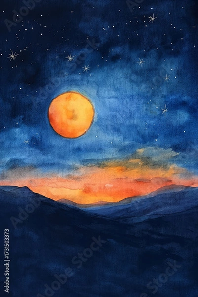 Fototapeta Watercolor illustration of sun, moon and stars in cosmic sky, symbolic concept of Day 4 Genesis creation. Artistic biblical painting of celestial lights, spirituality, universe and divine inspiration.