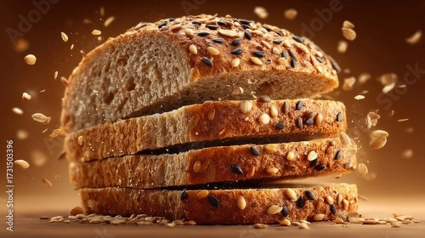 Fototapeta Loaf of Multigrain Bread with Sesame Seeds and Flax Seeds Showing Freshly Sliced Texture in a Warm Light with Crumbs Falling and Close Up View