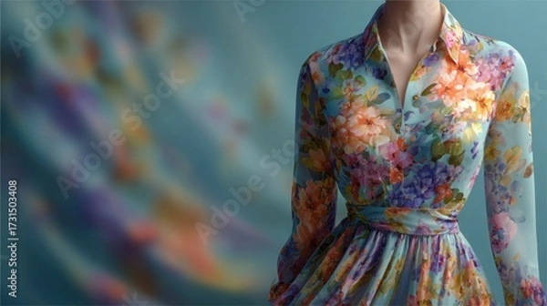 Fototapeta Elegant floral long-sleeve dress with vibrant colorful pattern, fitted waist, collared neckline, in soft focus studio background, fashion apparel concept