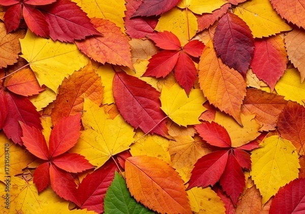 Fototapeta Flat lay texture of colorful fall foliage creating a high-density, warm, seasonal background