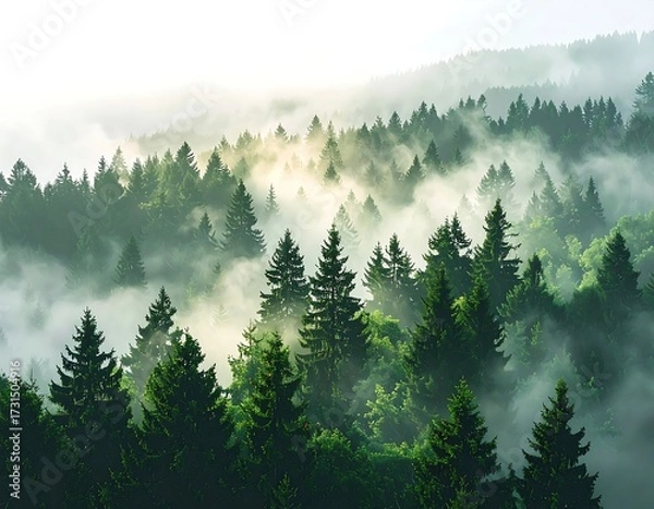 Fototapeta Misty forest landscape with pine trees. Sunlight filters through the fog