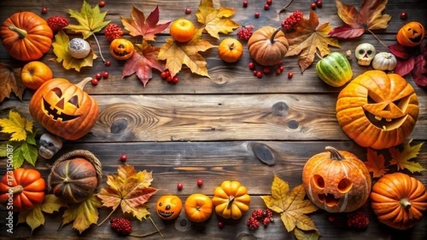 Fototapeta Halloween festive arrangement of carved pumpkins, autumn leaves, and small skulls on a rustic wooden table, creating a spooky and traditional holiday atmosphere