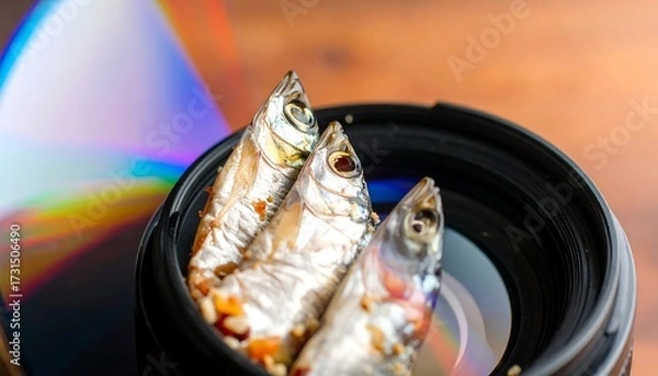Obraz Dried fish inside camera lens, CD reflection