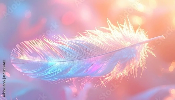 Fototapeta Illuminated feather floating on blurred, pastel bokeh background