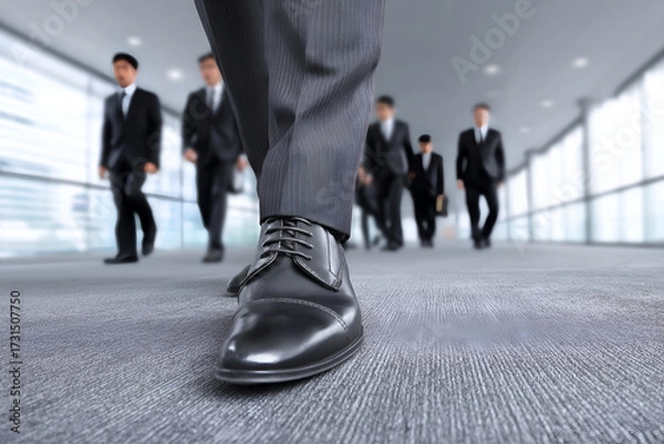 Fototapeta Black Dress Shoe Walking on Gray Carpet with Business Team, motion blur Business concept, motion bokeh background