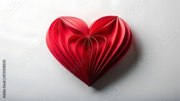 Fototapeta A vibrant red paper heart, folded with intricate pleats, casting a soft shadow on a clean white background, symbolizing love and affection