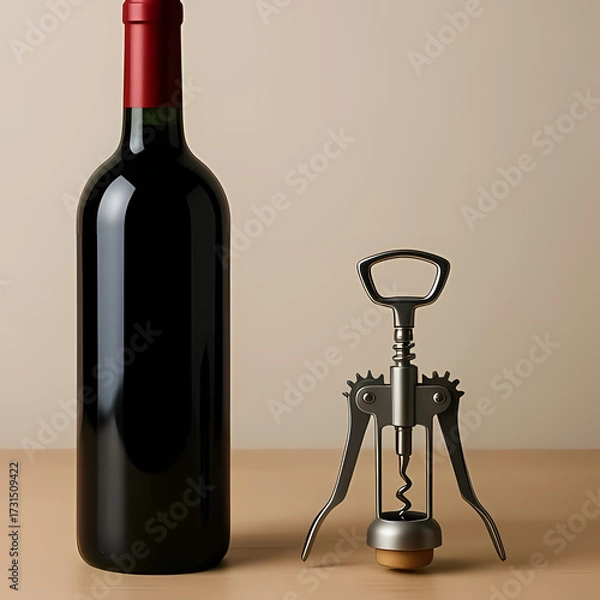 Fototapeta Red wine bottle and simple corkscrew.