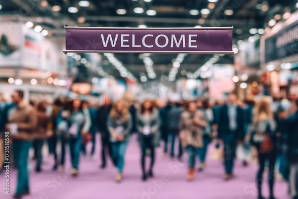 Fototapeta Welcome Sign Purple Banner at Busy Convention Trade Show, motion blur Business concept, motion bokeh background
