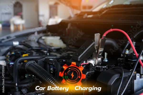 Fototapeta car battery charging process with cables connected to the terminals, showing power flow and maintenance concept for energy, safety, and automotive care.