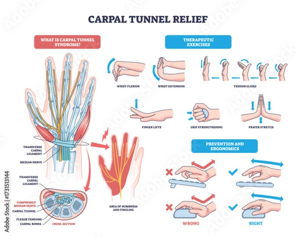 Fototapeta Carpal tunnel relief is shown with an outline diagram of the hand, wrist, and exercises for pain relief, highlighting nerves and ergonomic tips. Outline diagram