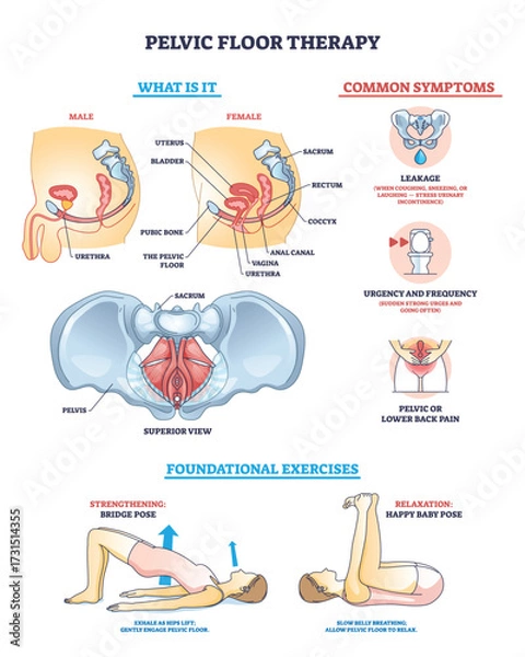 Fototapeta Pelvic floor therapy overview with anatomical diagrams, symptoms, and exercise illustrations. Key objects, pelvic anatomy, symptom icons, exercise poses. Outline diagram