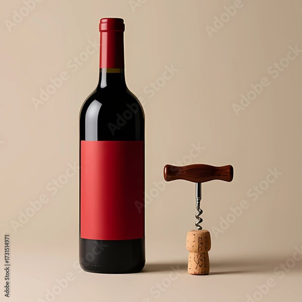 Fototapeta Red wine bottle and simple corkscrew.