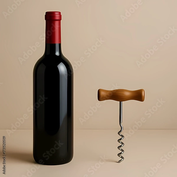Fototapeta Red wine bottle and simple corkscrew.