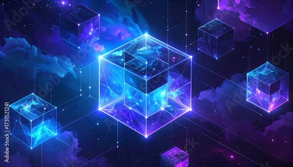 Fototapeta A scene of a blockchain cube in a pale blue virtual space