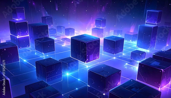 Fototapeta A scene of many blocks resembling a blockchain floating in virtual space