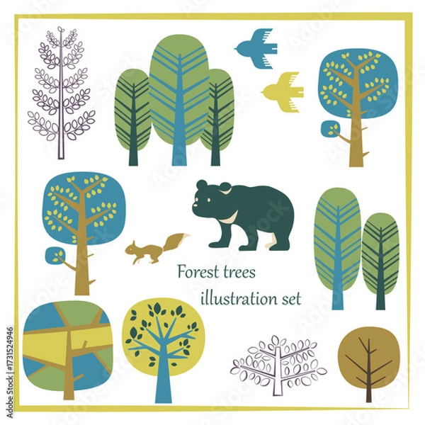 Obraz 森の木々とツキノワグマ、リス、鳥の北欧風イラストセット