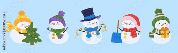 Obraz Set of cute Christmas snowmen. Traditional winter characters for celebrating Christmas and New Year. White kawaii happy and cheerful snowmen. Vector illustration